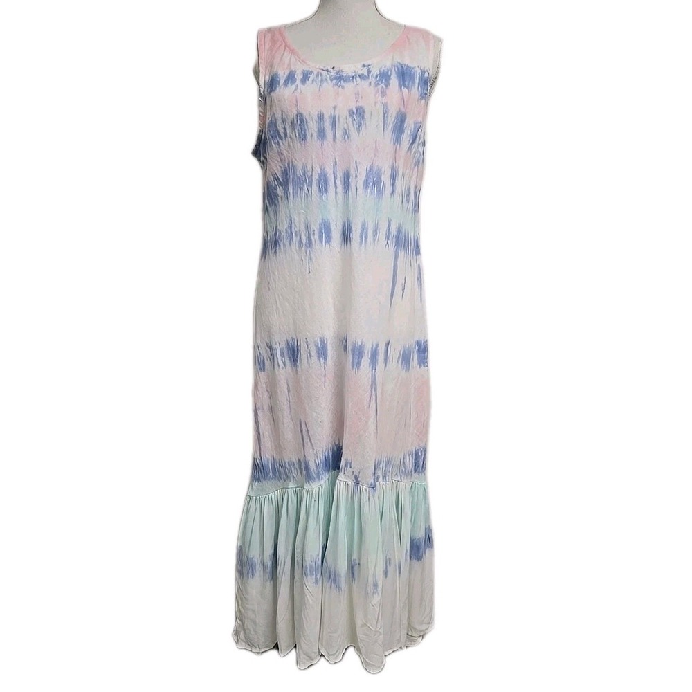 Charlie B 1100% Linen Tiered Hem Sleeveless Midi Dress Watercolor Women's Size L